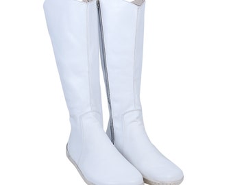 Women Flat KNEE Boots Barefoot Zero Drop WHITE SMOOTH Leather Handmade Shoes, 6mm Soft Rubber Outsole