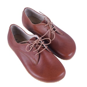 WOMEN Zero Drop Oxford Barefoot BROWN SMOOTH Leather Handmade Shoes, Natural, Colorful, Slip-On 5mm Rubber Outsole image 3