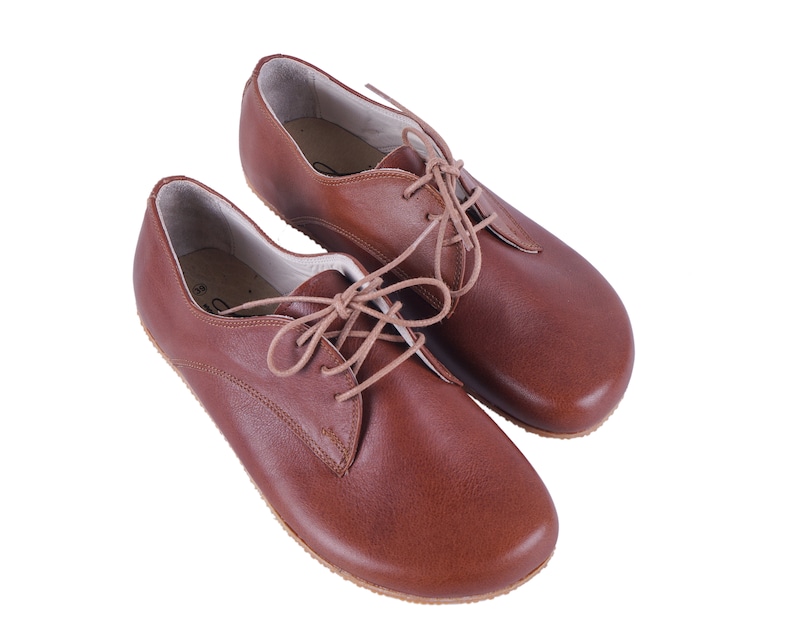 WOMEN Zero Drop Oxford Barefoot BROWN SMOOTH Leather Handmade Shoes, Natural, Colorful, Slip-On 5mm Rubber Outsole image 3