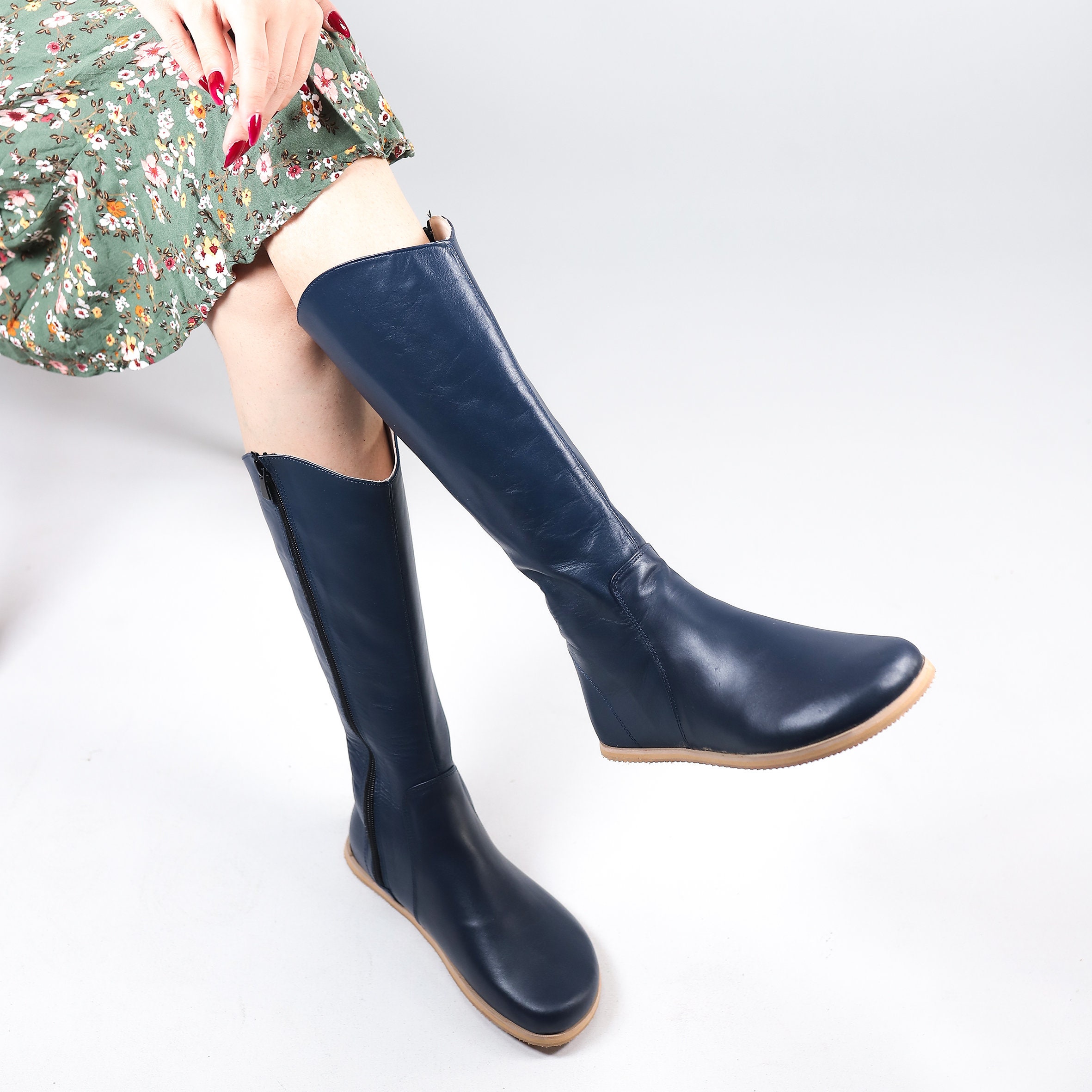 Knee high navy leather boots new arrivals