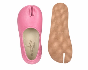 Women's Barefoot Flat Ballet Tabi Shoes PINK SMOOTH Leather Split-Toe, Comfort, Handmade, 6mm Rubber-Sole