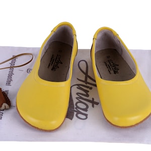 Flat Ballet Barefoot Zero Drop YELLOW SMOOTH Leather Ballerinas, Leather Handmade Shoes, Slip-On 5mm Rubber Outsole image 4