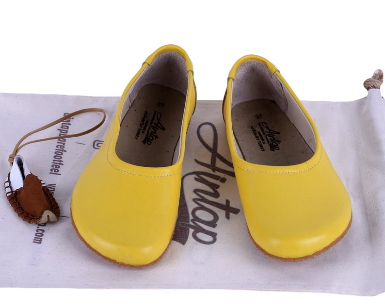 Flat Ballet Barefoot Zero Drop YELLOW SMOOTH Leather Ballerinas, Leather Handmade Shoes, Slip-On 5mm Rubber Outsole image 4