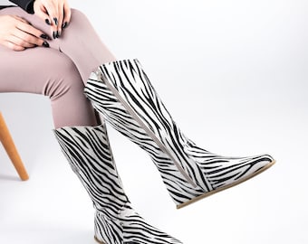 Women Flat KNEE Boots Barefoot Zero Drop ZEBRA HAIR Calf  Leather Handmade Shoes, 5mm Leather Outsole