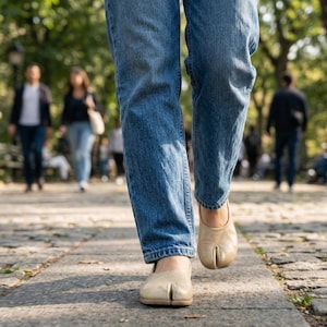 May include: A person walking on a stone path wearing light blue denim jeans and beige split-toe shoes. The shoes have a distinctive design with a separate compartment for the big toe. The background shows a park setting with other people.