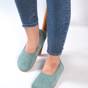 Flat Ballet Barefoot Zero Drop SEA BLUE SUEDE Leather Ballerinas, Leather Handmade Shoes, Slip-On 5mm Rubber Outsole or Leather Outsole