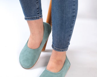 Sea Blue Suede Leather Ballerinas: Handmade Barefoot Slip-On Shoes