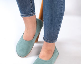 Flat Ballet Barefoot Zero Drop SEA BLUE SUEDE Leather Ballerinas, Leather Handmade Shoes, Slip-On 5mm Rubber Outsole or Leather Outsole