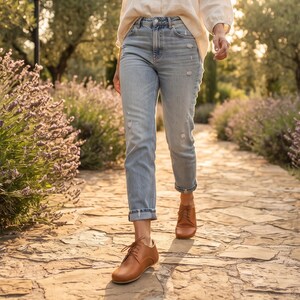 Women's Barefoot TAN SMOOTH Leather Oxford Shoes, Classic Comfort & Style: Handmade, Moccasins, 6mm Rubber Outsole image 2
