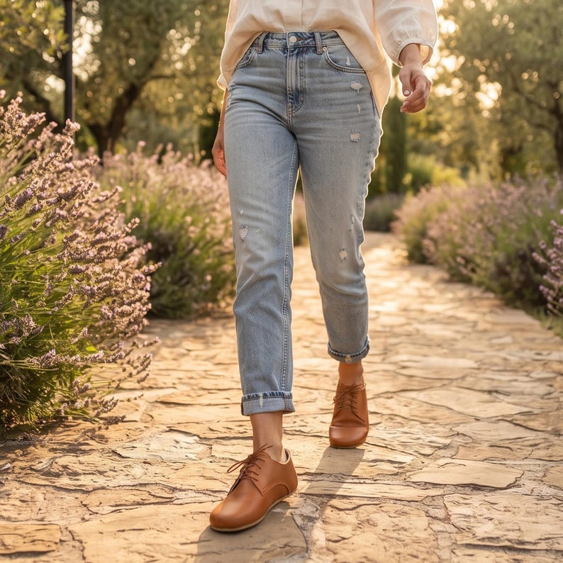 Women's Barefoot TAN SMOOTH Leather Oxford Shoes, Classic Comfort & Style: Handmade, Moccasins, 6mm Rubber Outsole image 2