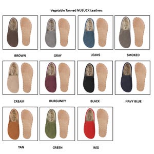 May include: A collection of eleven pairs of vegetable tanned nubuck leather slip-on shoes, each shown with its corresponding tan-colored insole. The colors include brown, gray, jeans, smoked, cream, burgundy, black, navy blue, tan, green, and red.