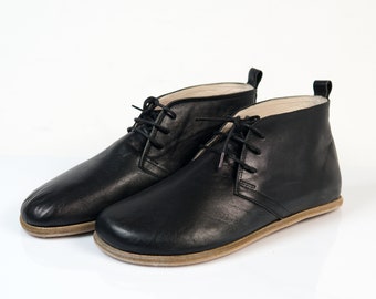 Men Handmade ANKLE BOOTIES Zero Drop, Barefoot BLACK Smooth Leather, Natural, Colorful, Leather Insole & Outsole