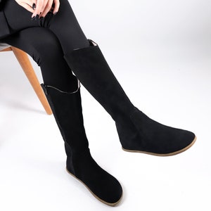 Women Flat KNEE Boots Barefoot Zero Drop BLACK SUEDE Leather Handmade Shoes, 5mm Leather Outsole image 1