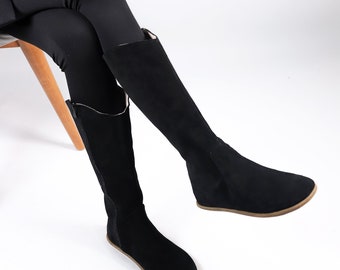 Women Flat KNEE Boots Barefoot Zero Drop BLACK SUEDE Leather Handmade Shoes, 5mm Leather Outsole