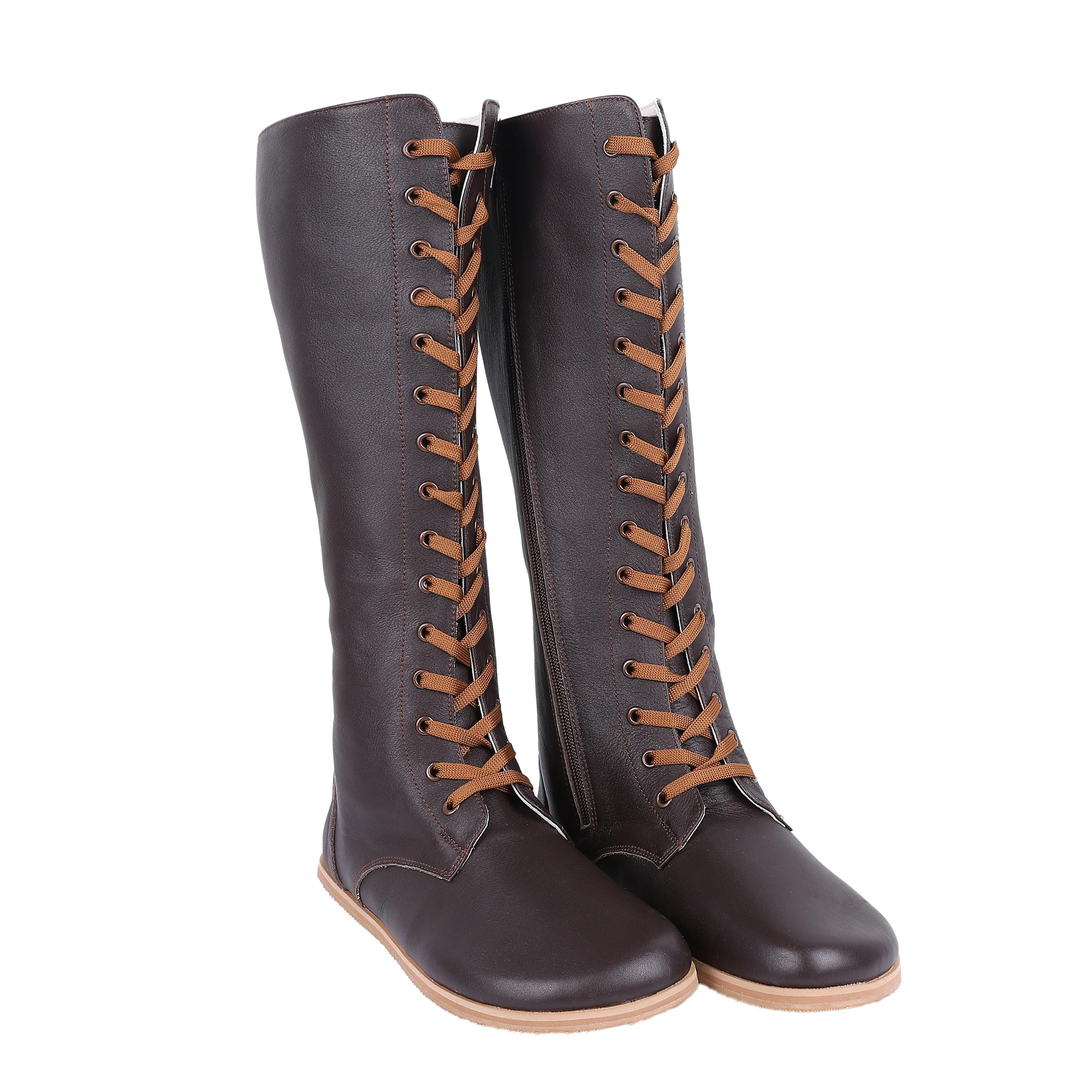 Dark Brown Leather Knee High Boots: Handmade Barefoot Zipper Boots