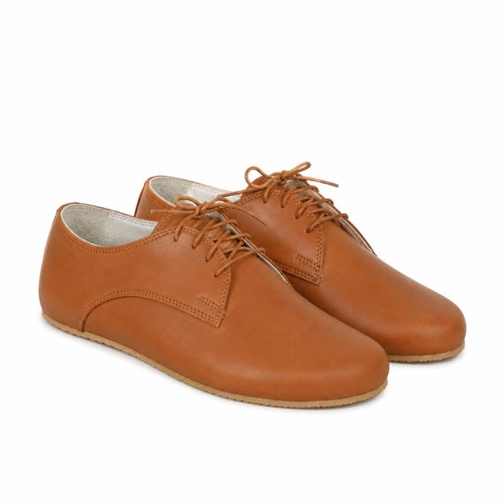 Women's Barefoot TAN SMOOTH Leather Oxford Shoes, Classic Comfort & Style: Handmade, Moccasins, 6mm Rubber Outsole