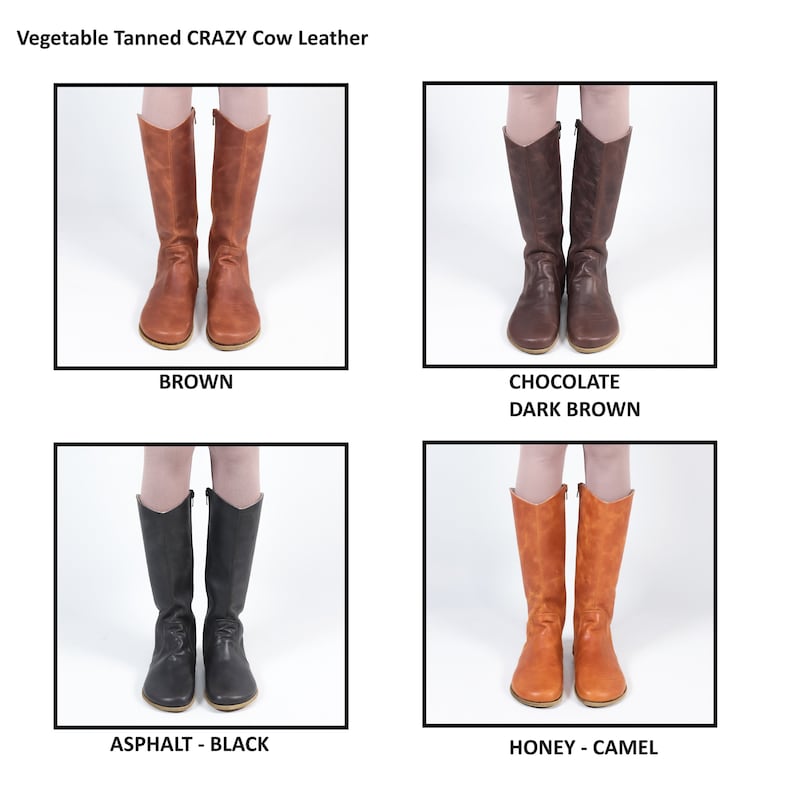 May include: Four pairs of knee-high boots in various colours: brown, chocolate dark brown, asphalt black, and honey camel. The boots are made of vegetable-tanned crazy cow leather. Each pair has a zip on the side.