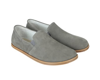 WOMEN Zero Drop Barefoot GRAY NUBUCK Leather Handmade Shoes, Natural, Colorful, Slip-On