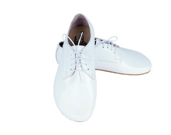 WOMEN Zero Drop Oxford Shoes Barefoot ALL WHITE Patent  Leather Handmade Shoes, Colorful, Slip-On 3MM Rubber Outsole