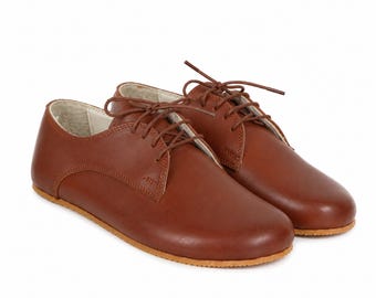Women's Barefoot BROWN SMOOTH Leather Oxford Shoes, Classic Comfort & Style: Handmade, Moccasins, 6mm Rubber Outsole