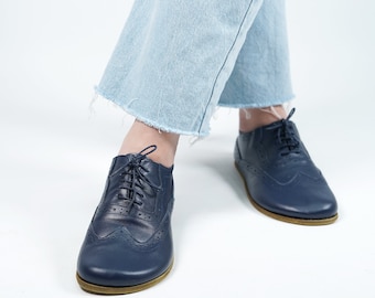Handmade Barefoot Oxford Shoes: Women's Navy Blue Leather Moccasins