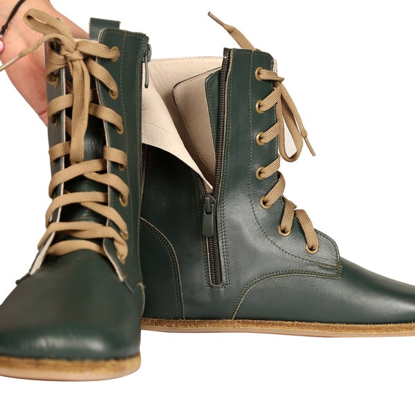 MEN Boots WIDE Zero Drop Barefoot GREEN SMooth Leather Handmade, Natural, Colorful, Leather Insole and Outsole