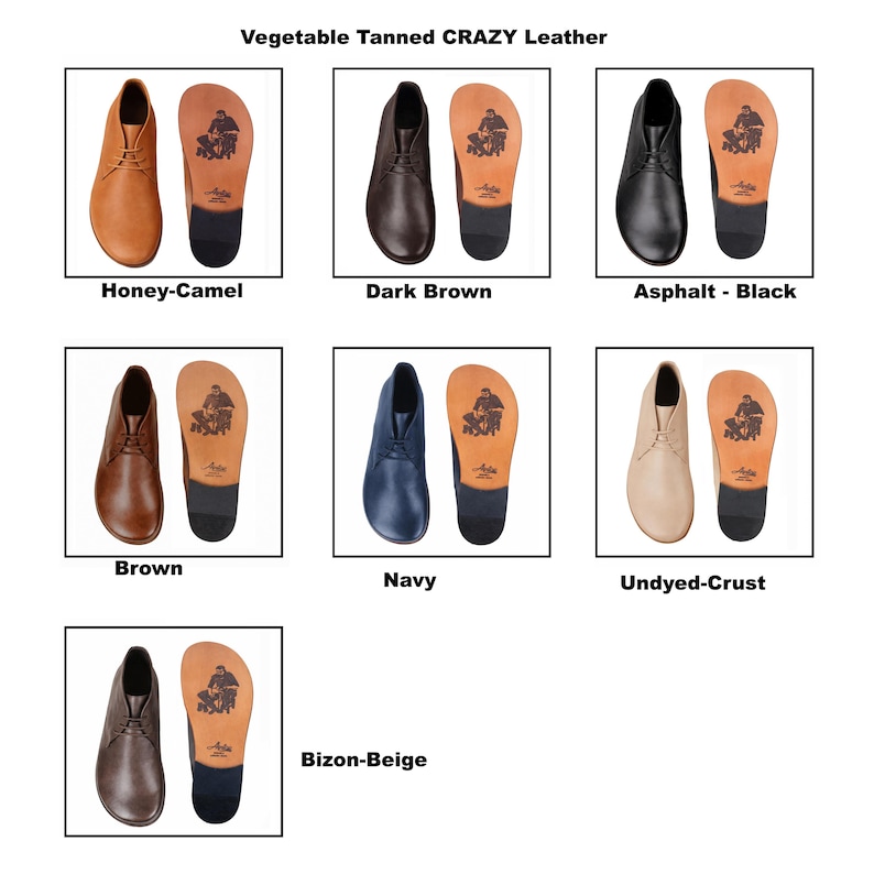 Puede incluir: Una colecci&oacute;n de zapatos de cuero en varios colores, incluyendo Honey-Camel, Dark Brown, Asphalt-Black, Brown, Navy, Undyed-Crust y Bizon-Beige. Cada zapato se muestra con su plantilla, que presenta un dise&ntilde;o gr&aacute;fico. El texto "Vegetable Tanned CRAZY Leather" est&aacute; en la parte superior.