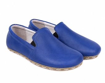 Men Barefoot  BRIGHT BLUE SMOOTH Leather Sport Slip On Shoes, Comfort & Style: Handmade