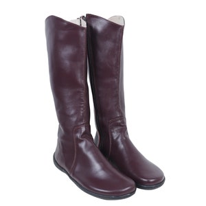 May include: A pair of brown leather knee-high boots with a zipper on the inside of each boot.