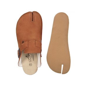 Men's TAN Nubuck Leather Split-Toe Tabi Clogs, Barefoot Sandals, 6mm-Rubber-Sole