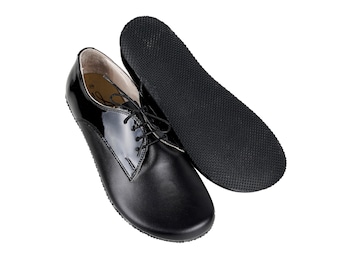 WOMEN Zero Drop Oxford Shoes Barefoot ALL Black Smooth & Patent Leather Handmade Shoes, Colorful, Slip-On Leather Outsole