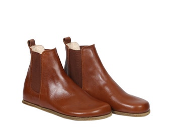 Women Handmade CHELSEA Boots Zero Drop, Barefoot BROWN Smooth Leather, Natural, Colorful, Leather Insole & Outsole