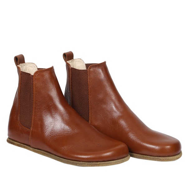 Women Handmade CHELSEA Boots Zero Drop, Barefoot BROWN Smooth Leather, Natural, Colorful, Leather Insole & Outsole