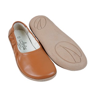 Flat Ballet Barefoot Zero Drop TAN SMOOTH Leather Ballerinas, Leather Handmade Shoes, Slip-On Slip-On 6mm Rubber Outsole