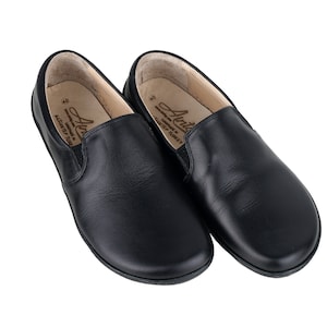 Women SLIP-ON BLACK Smooth Leather, Handmade Barefoot, Grounding, Zero Drop, Flexible Soft Rubber Sole, Stylish, Natural, Colorful