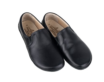 Women SLIP-ON BLACK Smooth Leather, Handmade Barefoot, Grounding, Zero Drop, Flexible Soft Rubber Sole, Stylish, Natural, Colorful