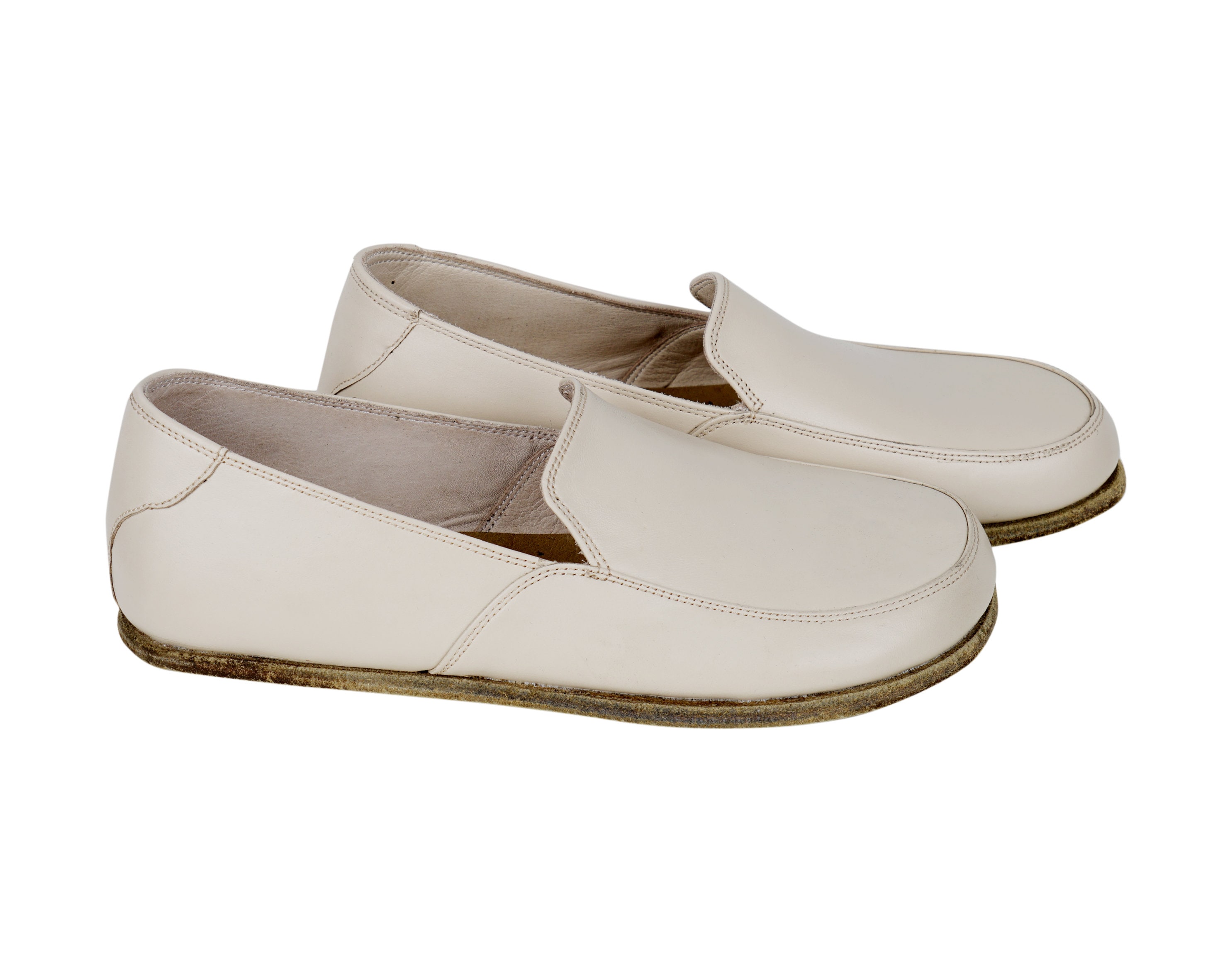 Men SLIP-ON CREAM Smooth Leather, Handmade Barefoot 