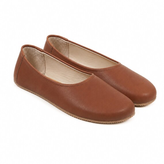 Women BROWN SMOOTH Leather Barefoot Ballerinas: Handmade Zero Drop Shoes, Classic Comfort & Style, 6mm Rubber Outsole