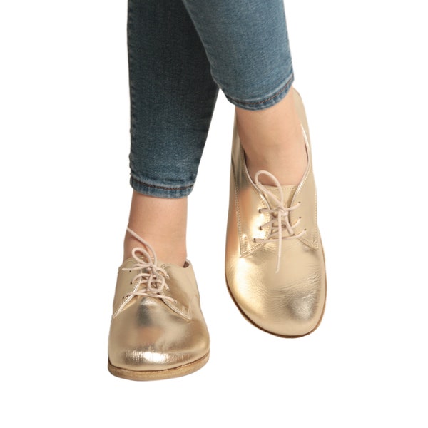 WOMEN Oxford Barfuß Hell GOLD Leder Handgemachte Klassische Jemen Schuhe, Natürliche, Bunt, Slip-On