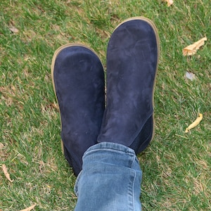 Dames handgemaakte CHELSEA laarzen Zero Drop, Barefoot NAVY Blue NUBUCK leer, natuurlijk, kleurrijk, lederen binnenzool & buitenzool