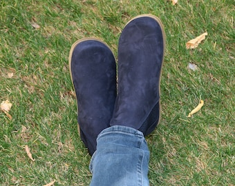 Women Handmade CHELSEA Boots Zero Drop, Barefoot NAVY Blue NUBUCK Leather, Natural, Colorful, Leather Insole & Outsole