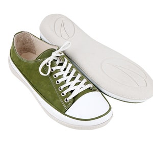 Women Wider Converse Style Shoe, Handmade, Zero Drop, Barefoot GREEN Nubuck Leather, Natural, Colorful, Leather Insole, 6mm Rubber Outsole