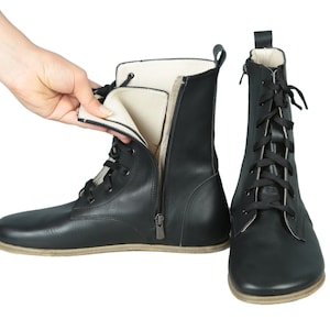 WOMEN Boots WIDE Zero Drop Barefoot BLACK Sooth Leather Handmade, Natural, Colorful, Leather Insole and Outsole