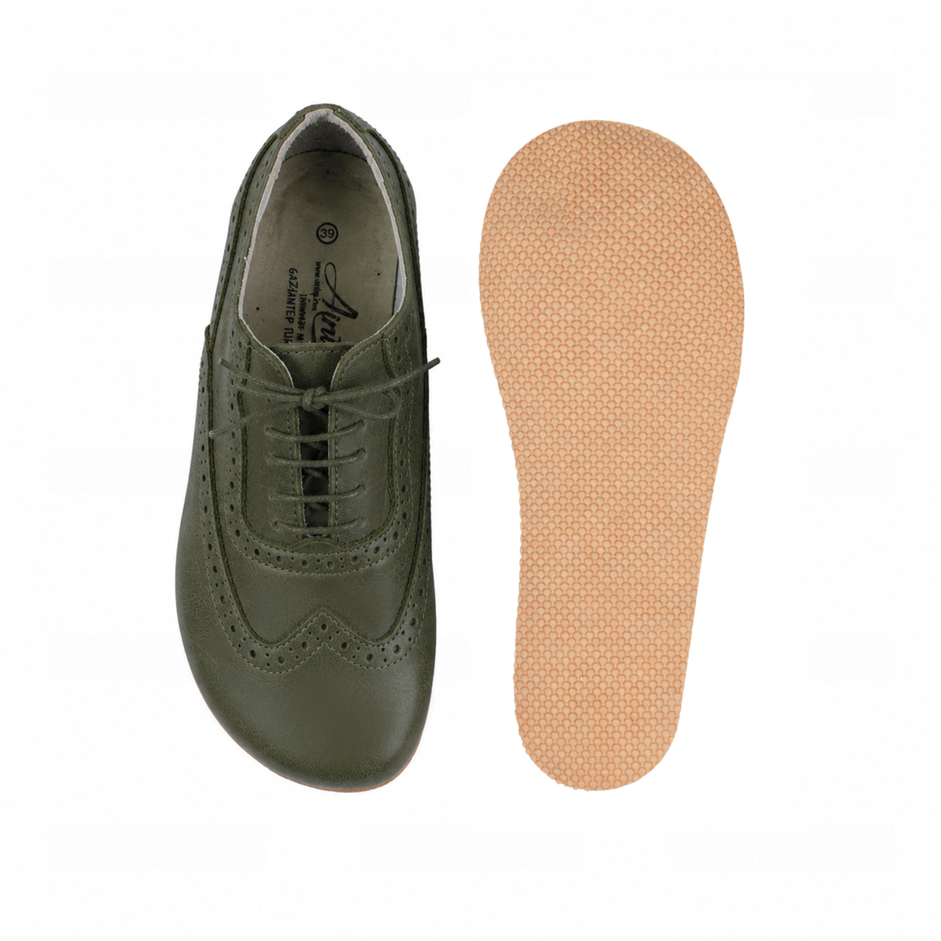Handmade OLIVE GREEN SMOOTH Leather Oxford Shoes: Women's Barefoot Moccasins, 6mm Rubber Outsole
