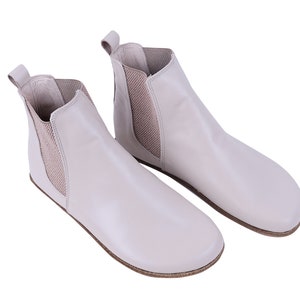 Dames handgemaakte CHELSEA laarzen Zero Drop, blote voeten BEIGE glad leer, natuurlijk, kleurrijk, lederen binnenzool en buitenzool