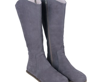 Women Flat KNEE Boots Barefoot Zero Drop GRAY NUBUCK Leather Handmade Shoes, 5mm Leather Outsole