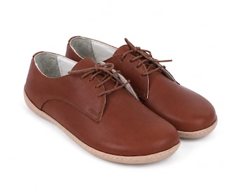 Heren Barefoot Bruine Gladde Leren Oxford Schoenen, Handgemaakt, Mocassins, Zachte en Flexibele Rubberen Buitenzool