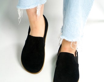 WOMEN Barefoot BLACK Suede Leather Handmade CLASSIC Yemeni Shoes, Natural, Colorful, Slip-On