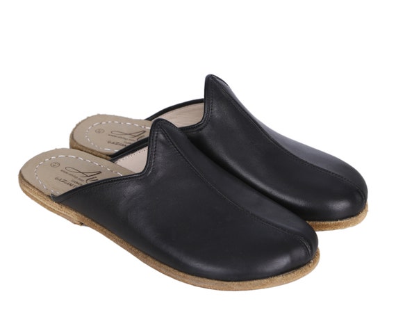 HOMME Large Pantoufle Sandales Pieds Nus Cuir NOIR Fait Main