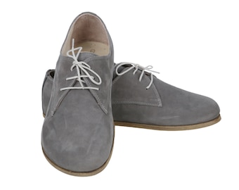 WOMEN Oxford Barefoot Gray Nubuck Leather Handmade Classic Yemeni Shoes, Natural, Colorful, Slip-On